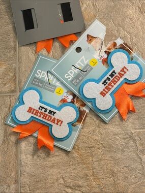 NIP Spritz White & Blue Pet Bone Bow Tie, Orange Ribbon - It’s My Birthday cute
